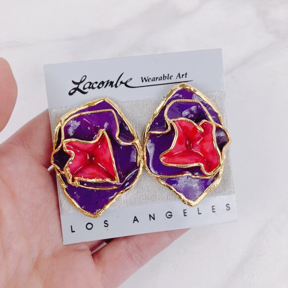 Vintage Amy Lacombe Clip-On Earrings 80s Purple Red Clay 24K Trim Statement - Picture 3 of 7